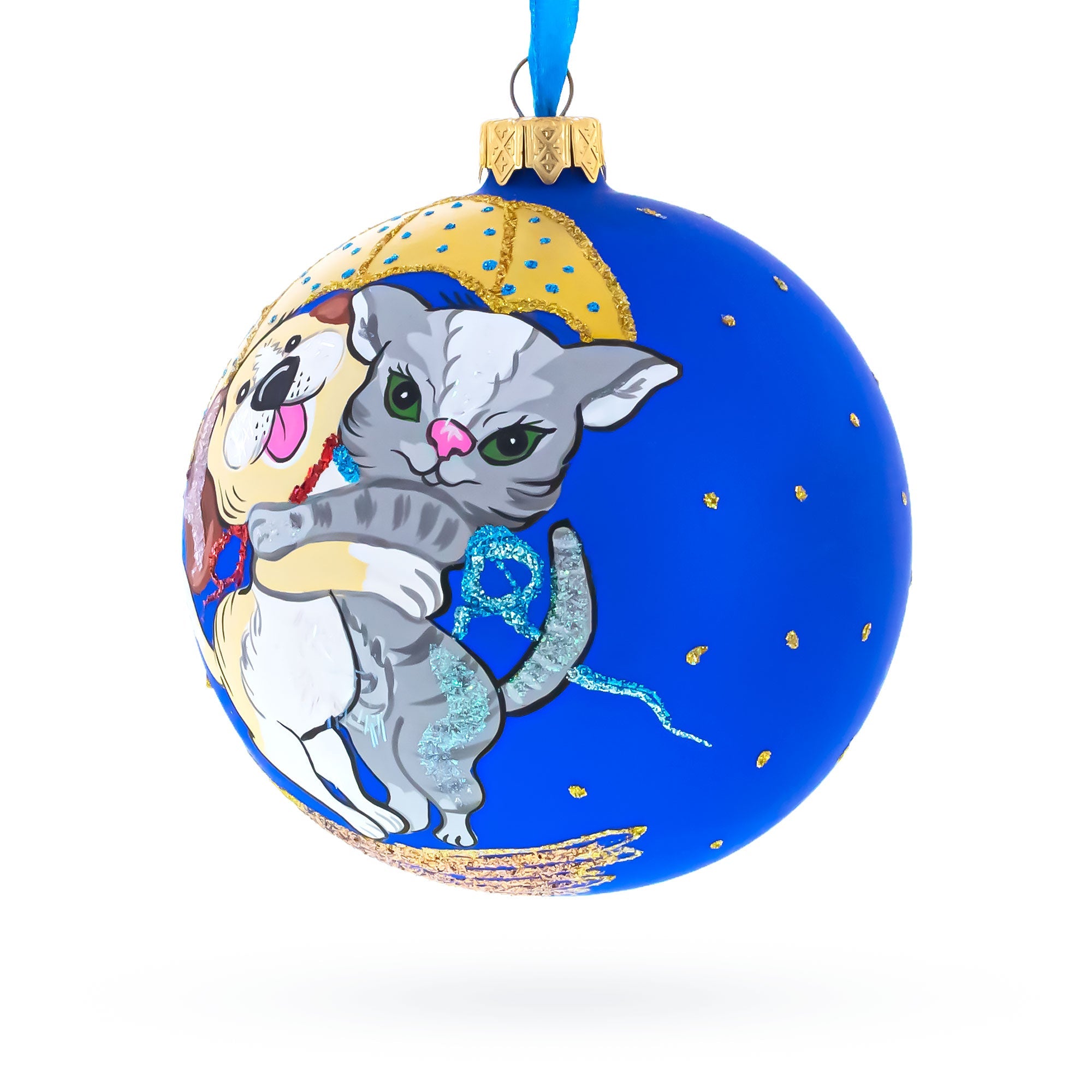 Dog and Cat Hugging Under Umbrella Glass Ball Christmas Ornament 4 Inches