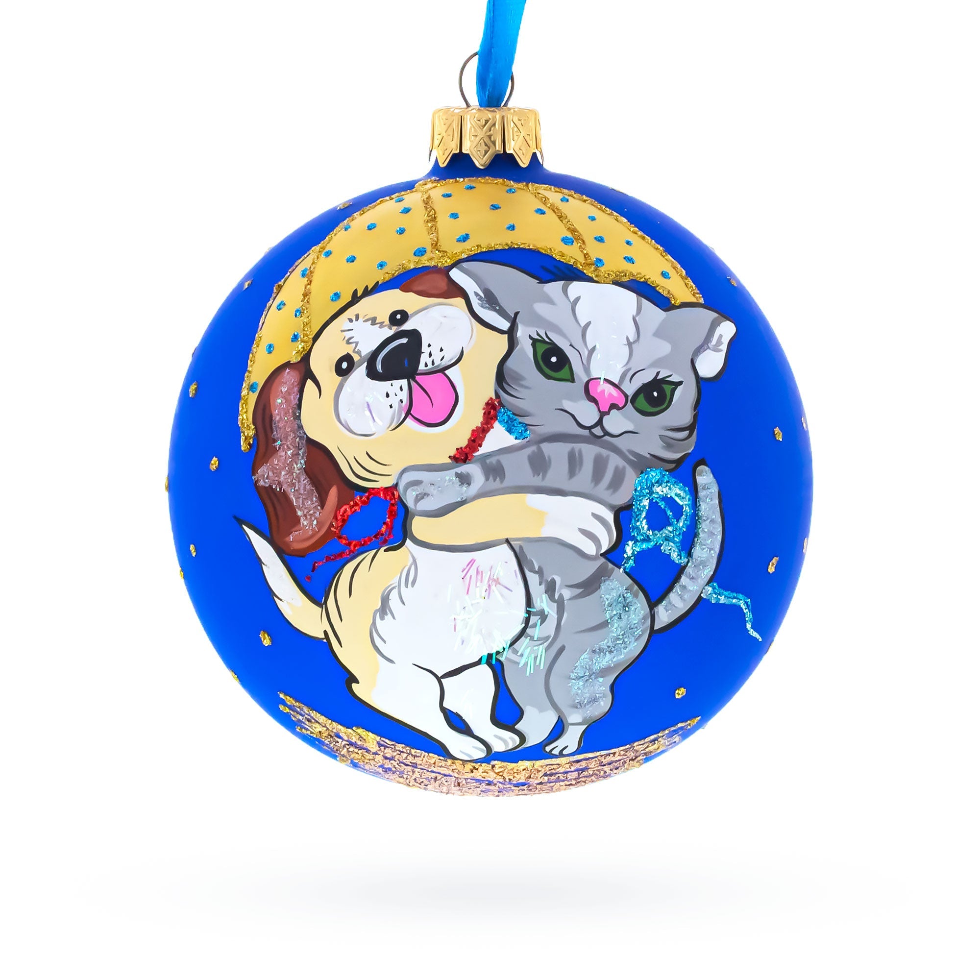 Dog and Cat Hugging Under Umbrella Glass Ball Christmas Ornament 4 Inches