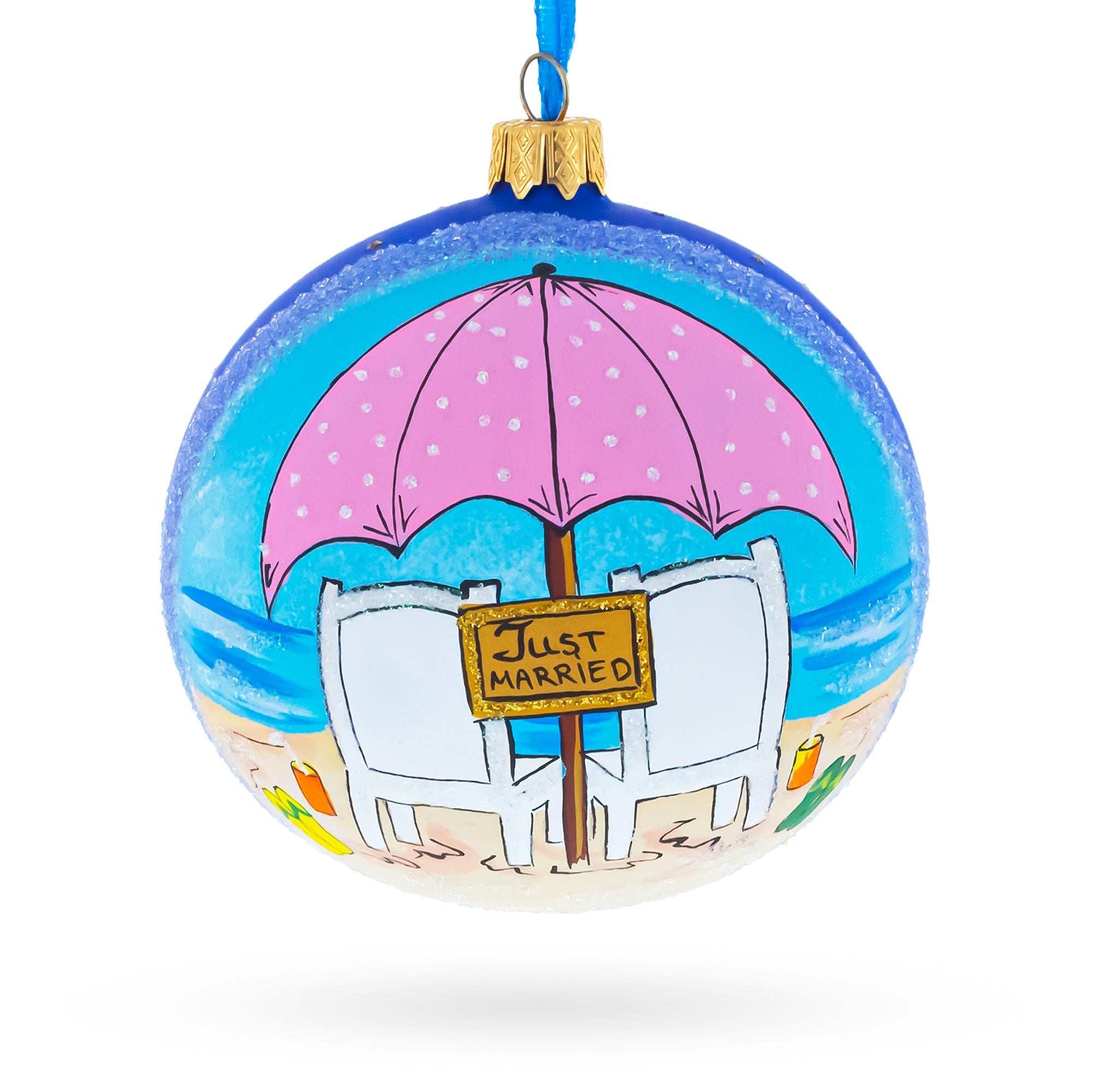 Just Married on the Beach Glass Ball Christmas Ornament 4 Inches