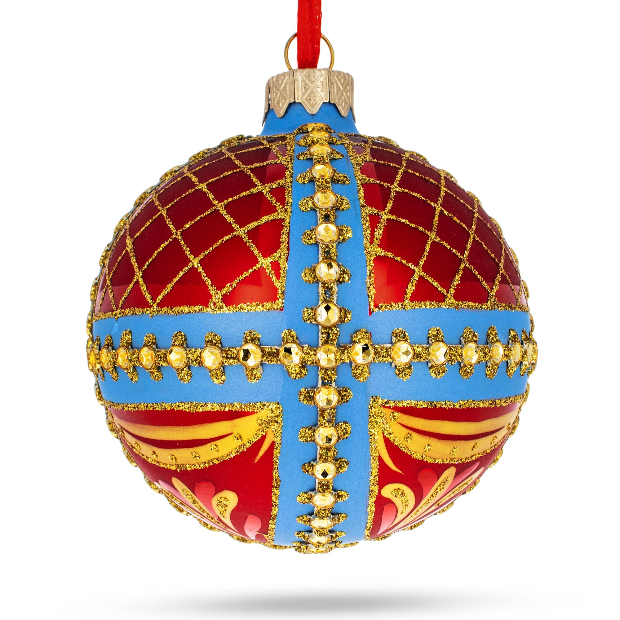 Trellis on Blue and Red Glass Ball Christmas Ornament 3.25 Inches BestPysanky