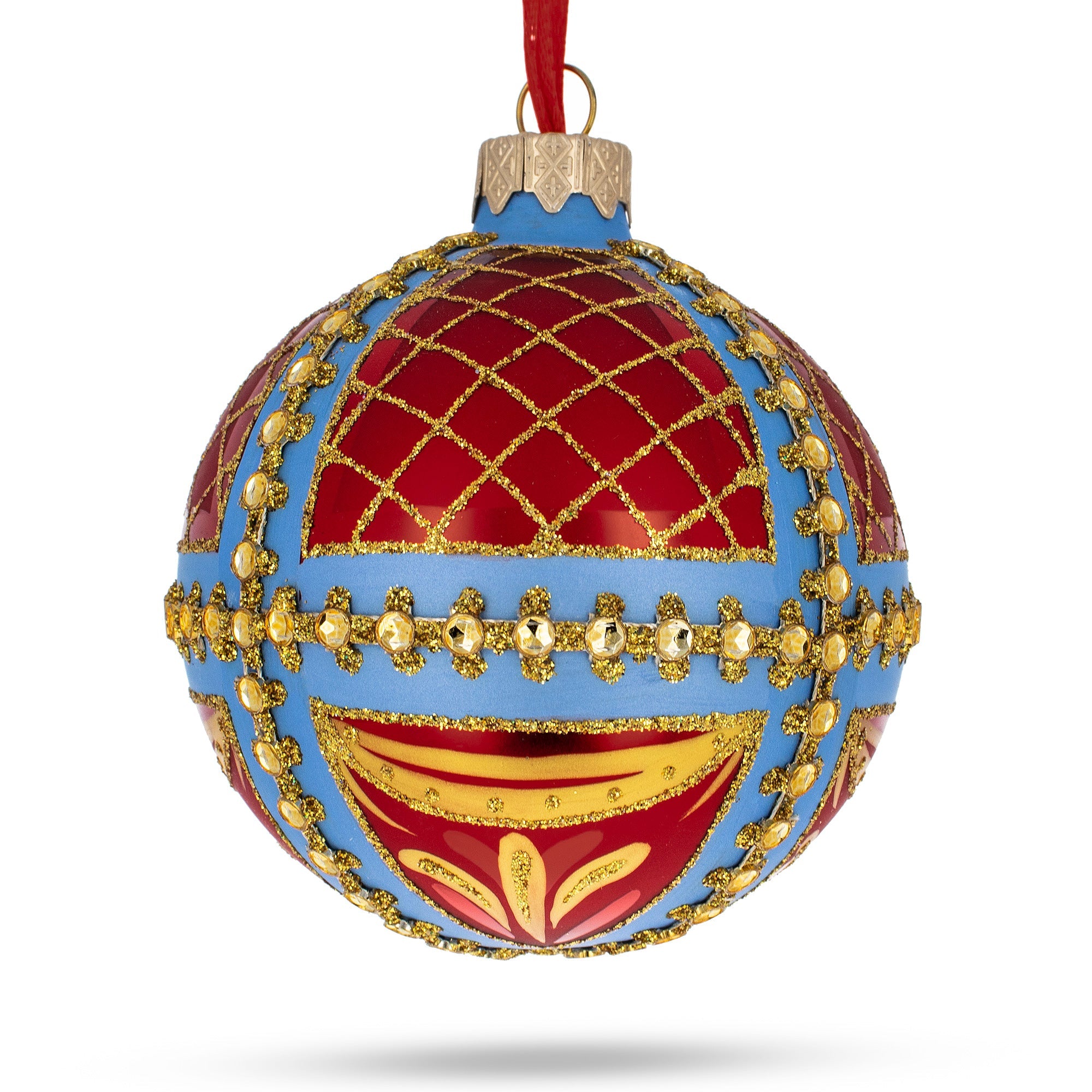 Trellis on Blue and Red Glass Ball Christmas Ornament 3.25 Inches BestPysanky