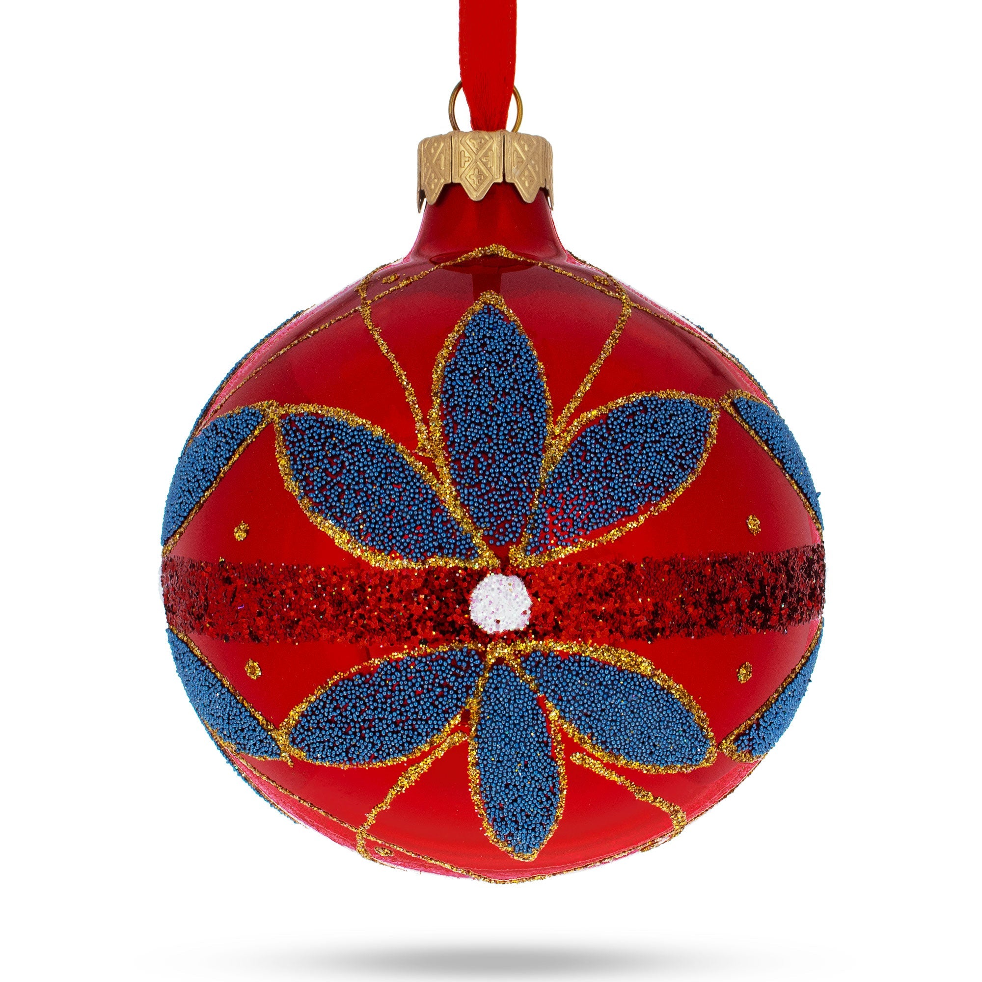 Blue Flowers on Red Glass Ball Christmas Ornament 3.25 Inches