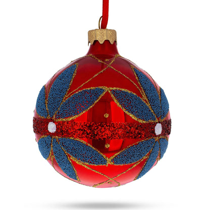 Blue Flowers on Red Glass Ball Christmas Ornament 3.25 Inches