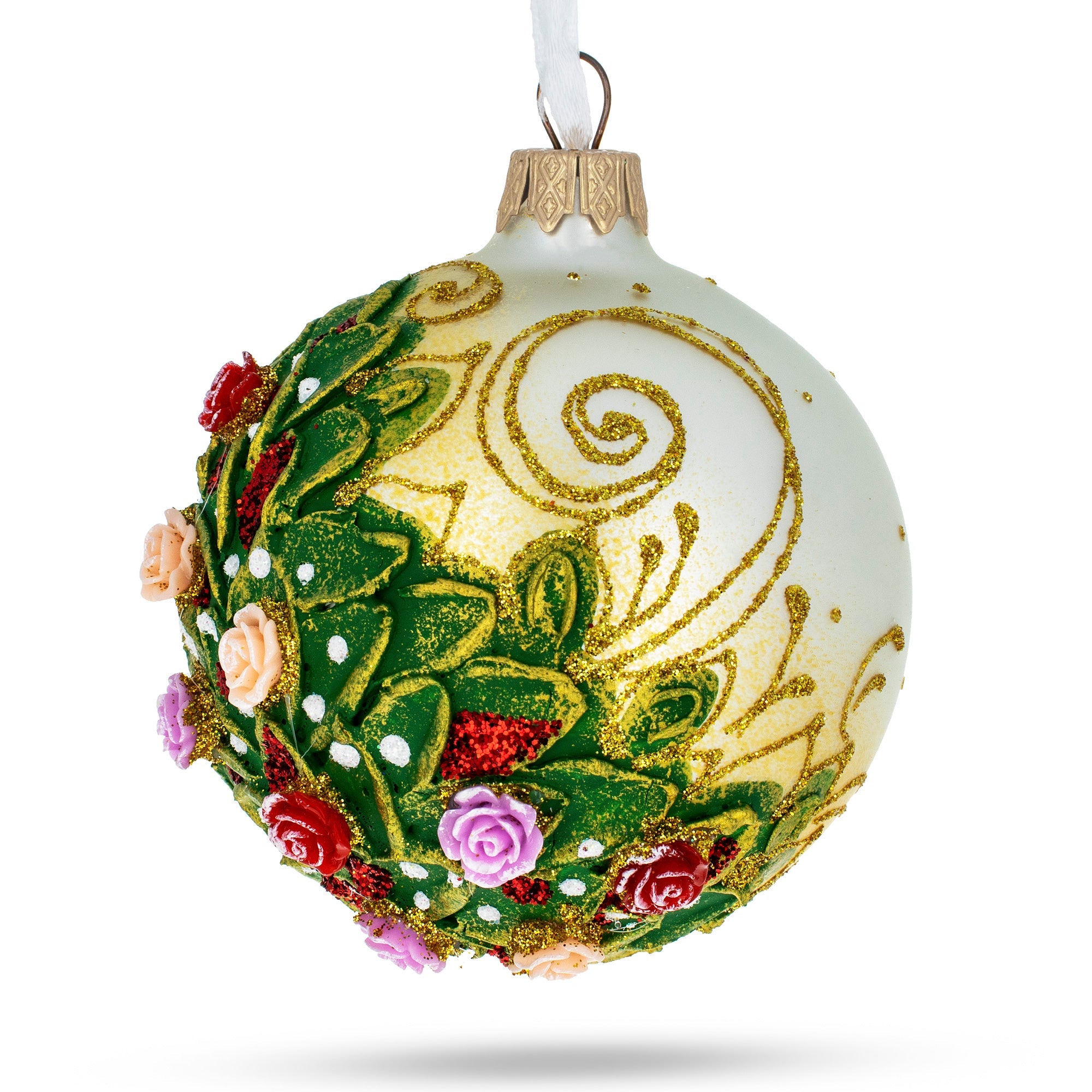 Embossed Roses Bouquet on Pristine White Glass Ball Christmas Ornament 3.25 Inches