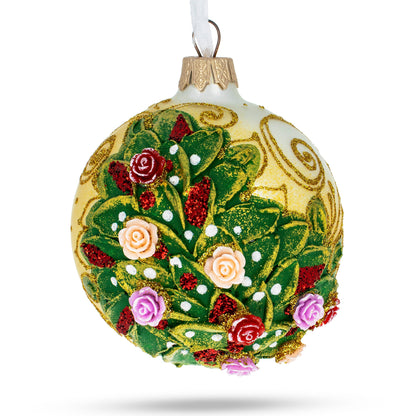 Embossed Roses Bouquet on Pristine White Glass Ball Christmas Ornament 3.25 Inches