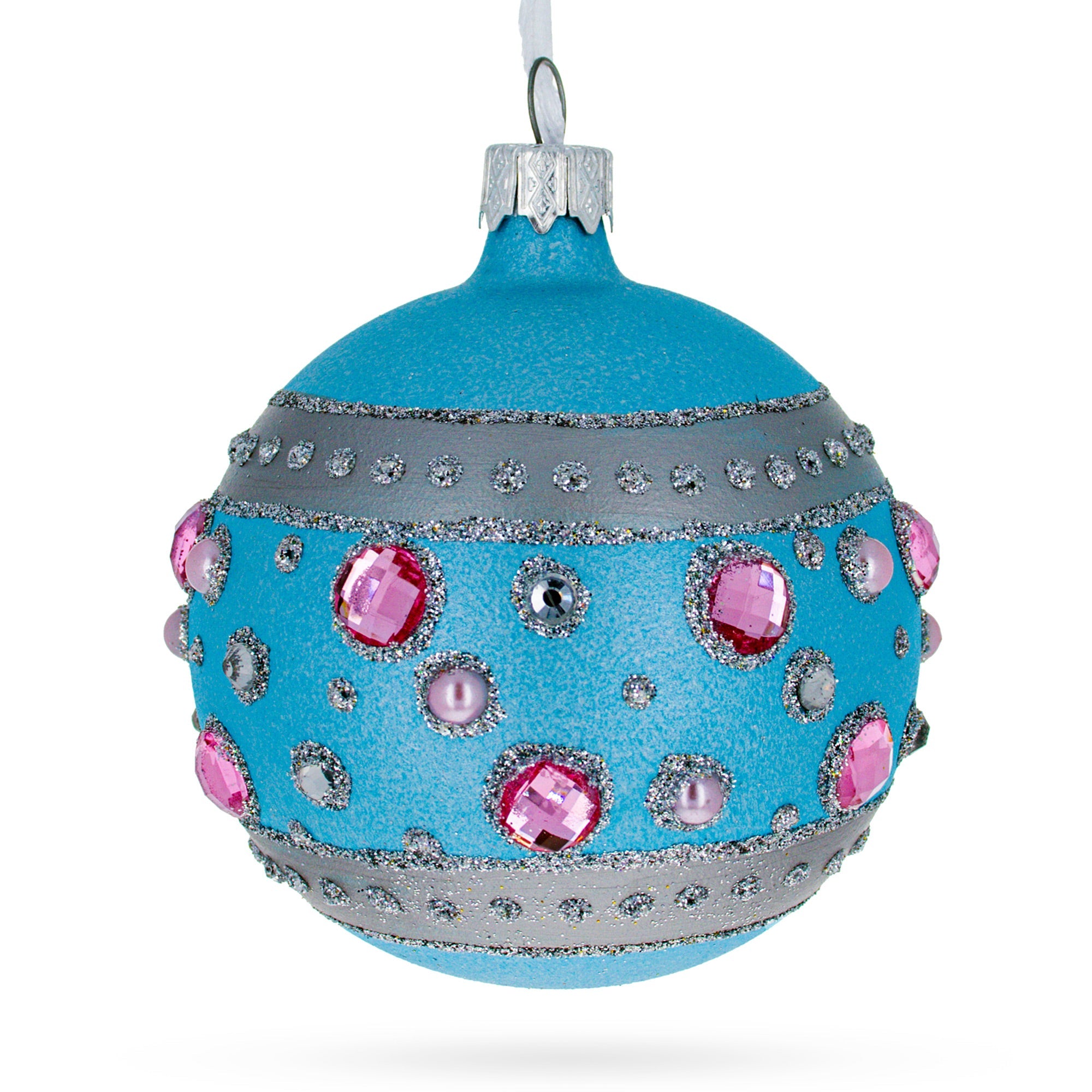 Sapphires and Diamonds Art Nouveau Design Glass Ball Christmas Ornament 3.25 Inches