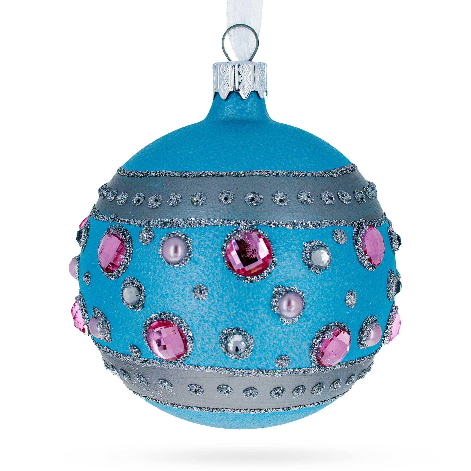 Sapphires and Diamonds Art Nouveau Design Glass Ball Christmas Ornament 3.25 Inches