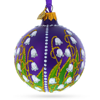 Lilies of the Valley on Purple Royal Glass Ball Christmas Ornament 3.25 Inches
