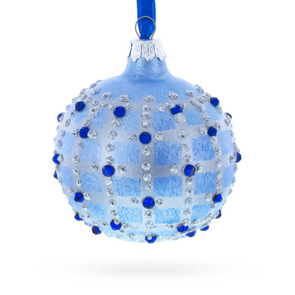 Blue Jewels and Check Pattern Necklace Design Glass Ball Christmas Ornament 3.25 Inches BestPysanky