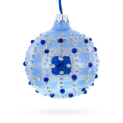 Blue Jewels and Check Pattern Necklace Design Glass Ball Christmas Ornament 3.25 Inches BestPysanky
