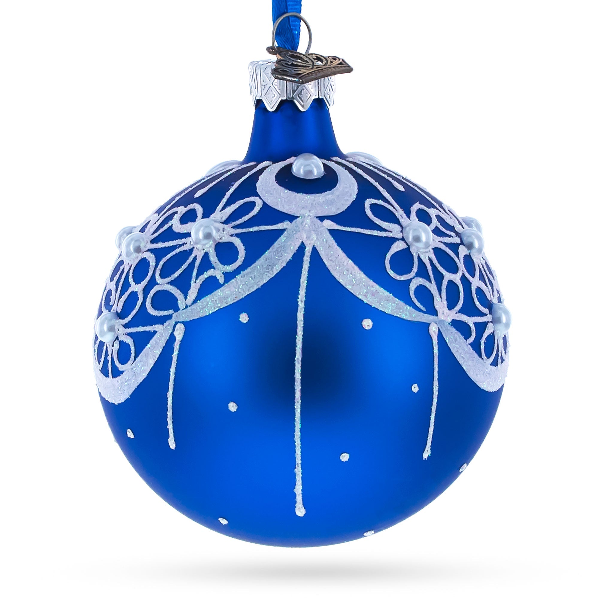 White Flowers Blossoming on a Tranquil Azure Blue Glass Ball Christmas Ornament 3.25 Inches