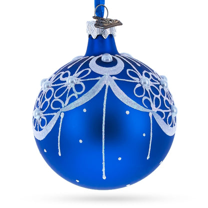 White Flowers Blossoming on a Tranquil Azure Blue Glass Ball Christmas Ornament 3.25 Inches