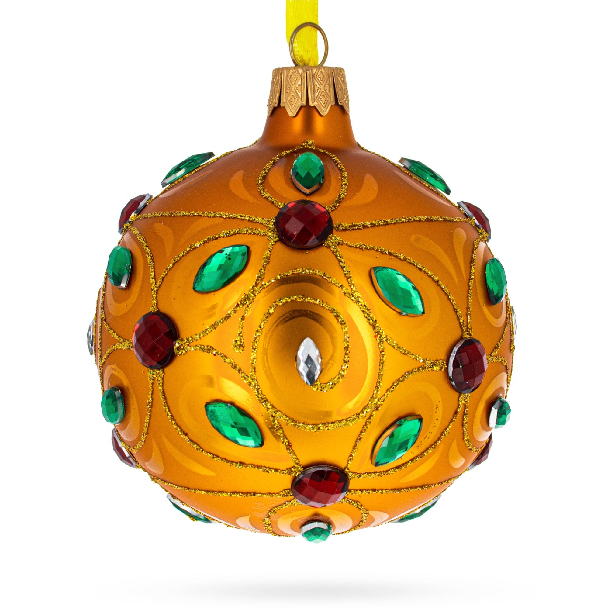 Multicolored Jewels Adorned on a Gilded Glass Ball Christmas Ornament 3.25 Inches