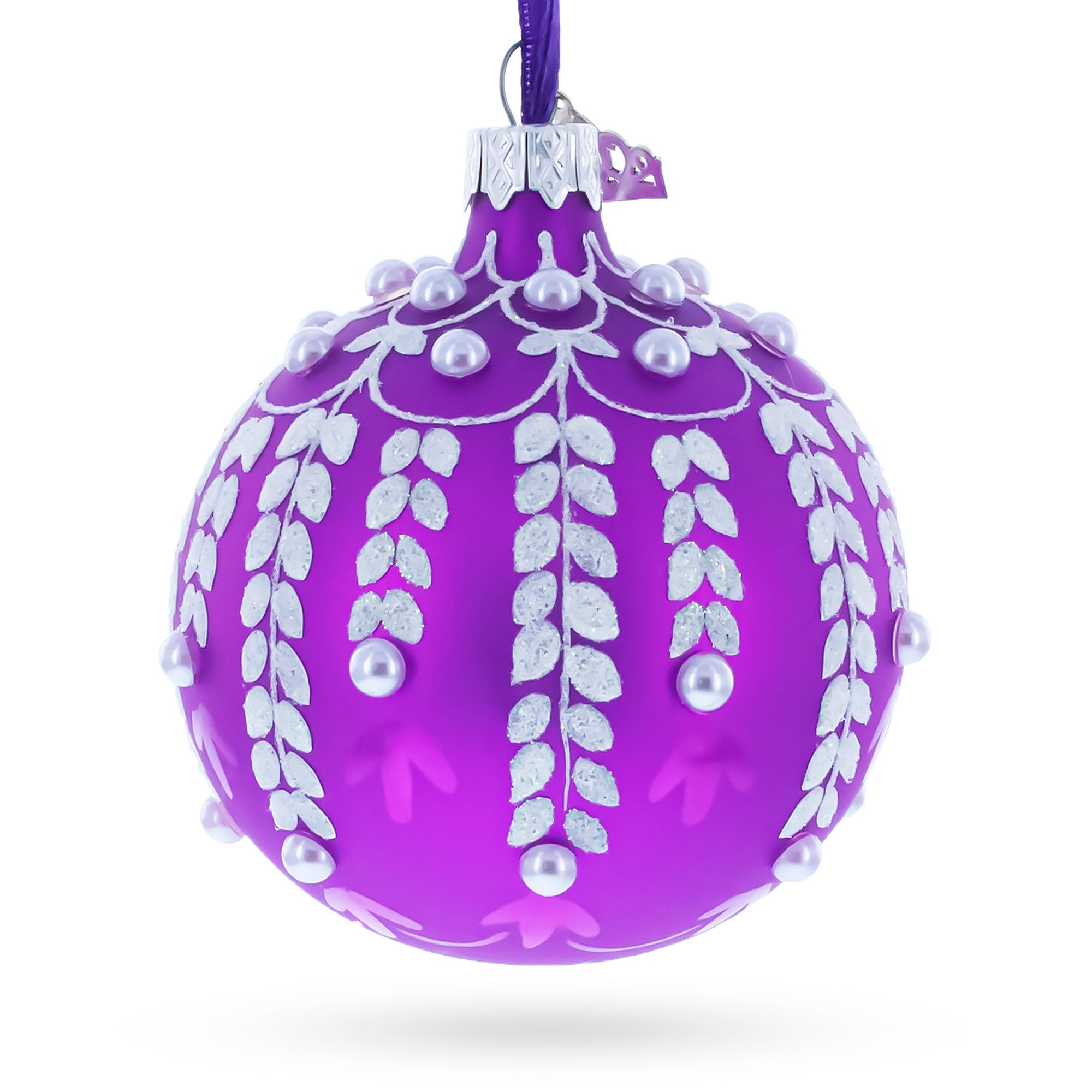 White Vines Entwined on a Lavender Dreamscape Glass Ball Christmas Ornament 3.25 Inches BestPysanky