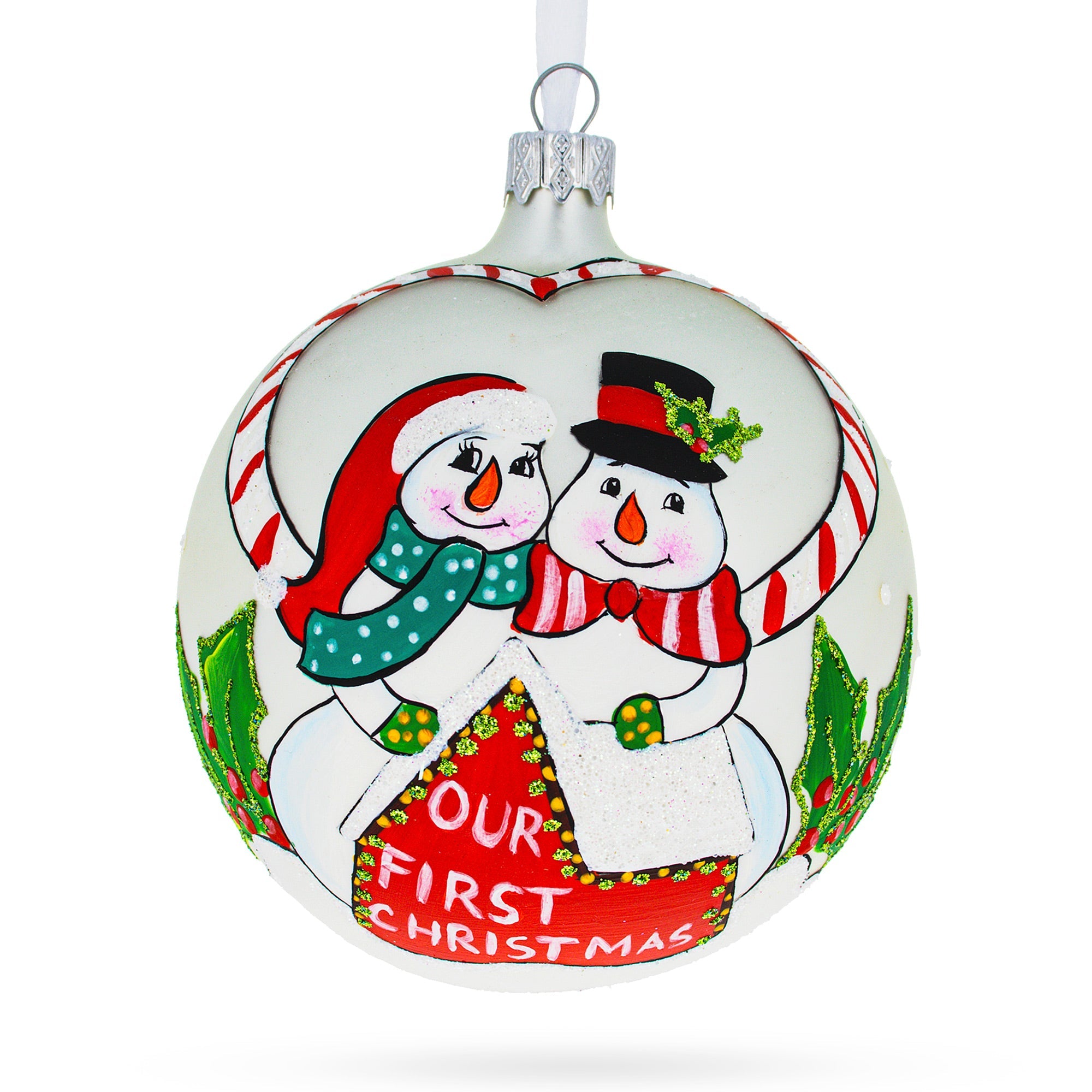 Snowmen Celebrating 'Our First Christmas' Glass Ball Christmas Ornament 4 Inches BestPysanky
