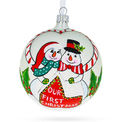 Snowmen Celebrating 'Our First Christmas' Glass Ball Christmas Ornament 4 Inches BestPysanky