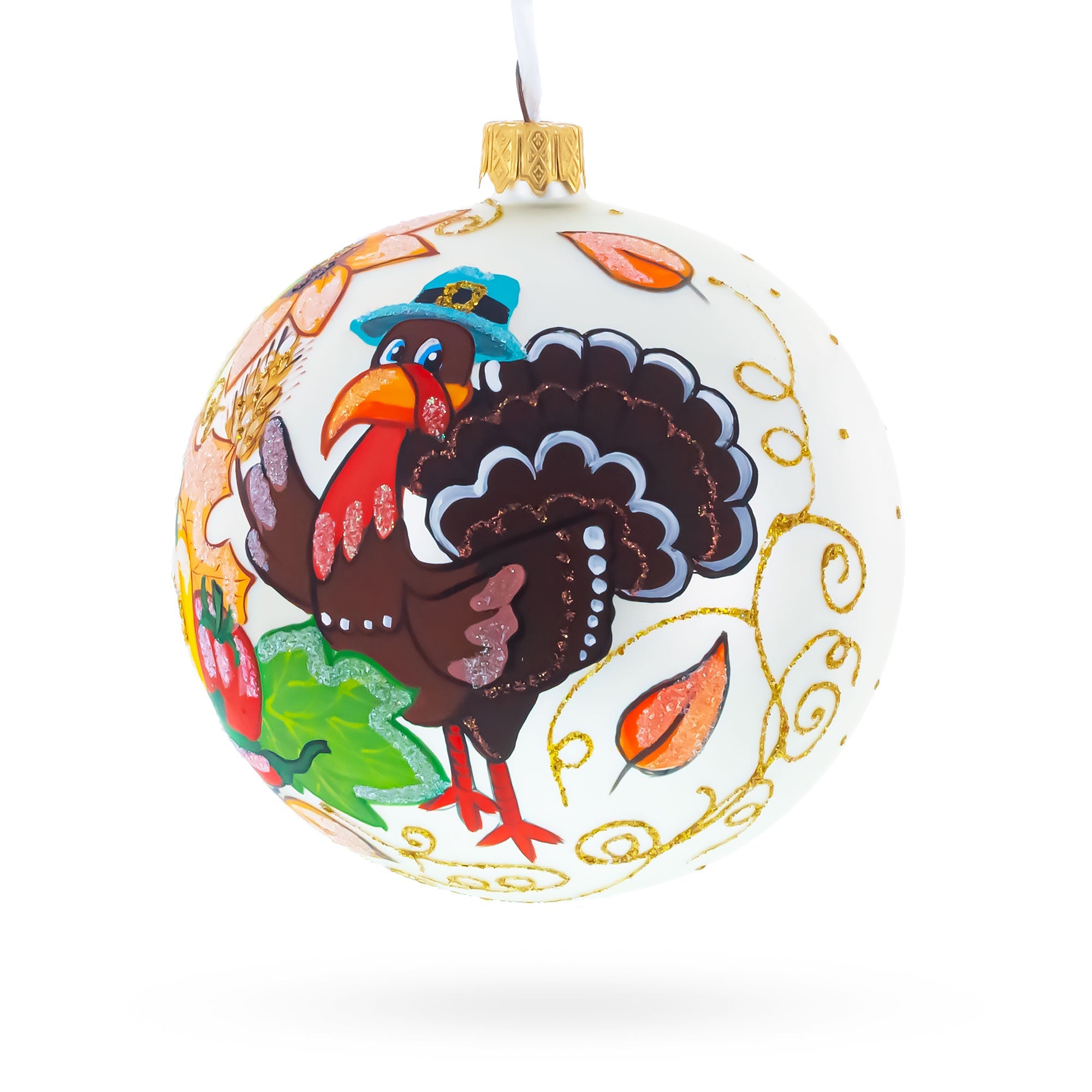 Turkey in Hat Thanksgiving Glass Ball Christmas Ornaments 4 Inches