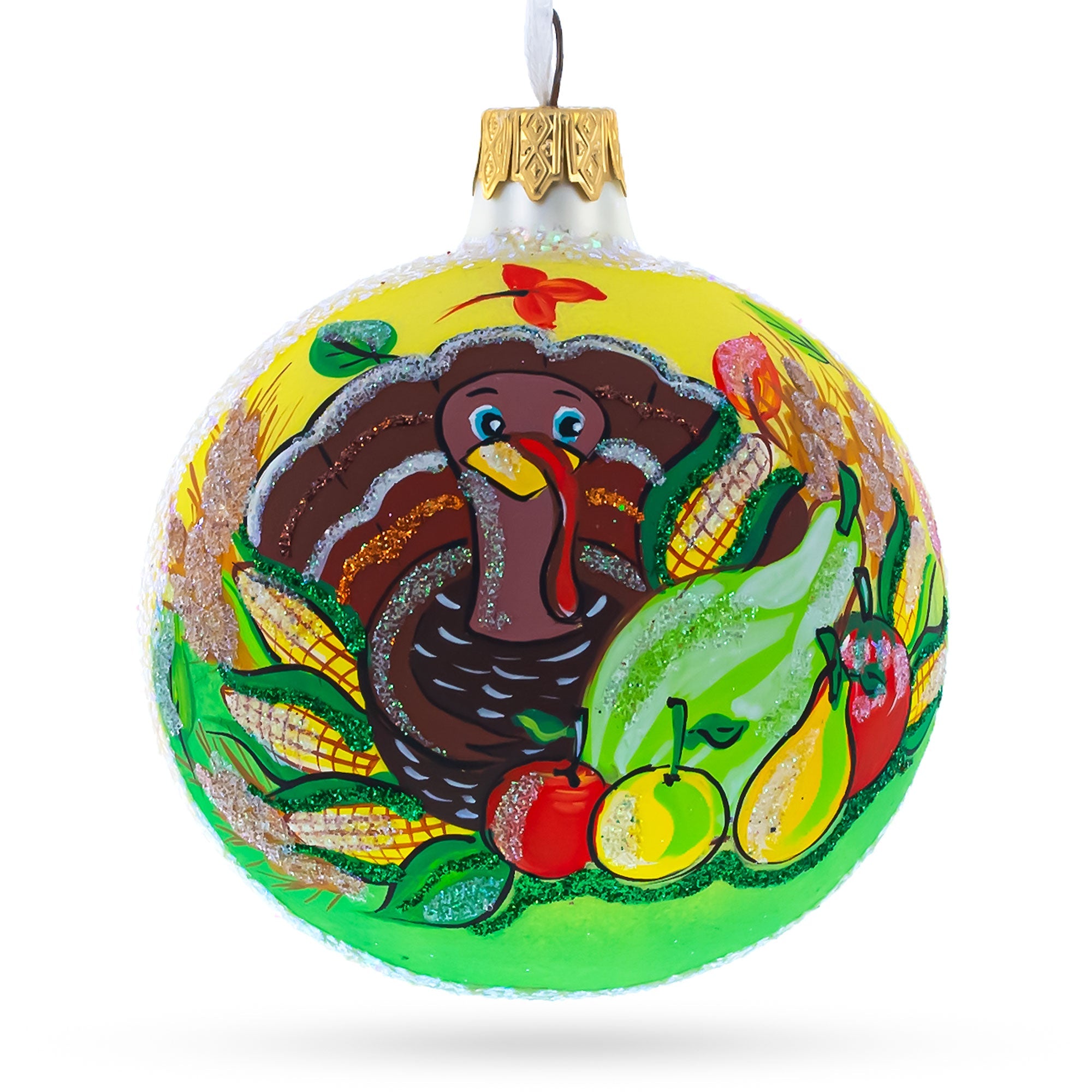 Turkey and Veggies Glass Ball Christmas Ornament 3.25 Inches