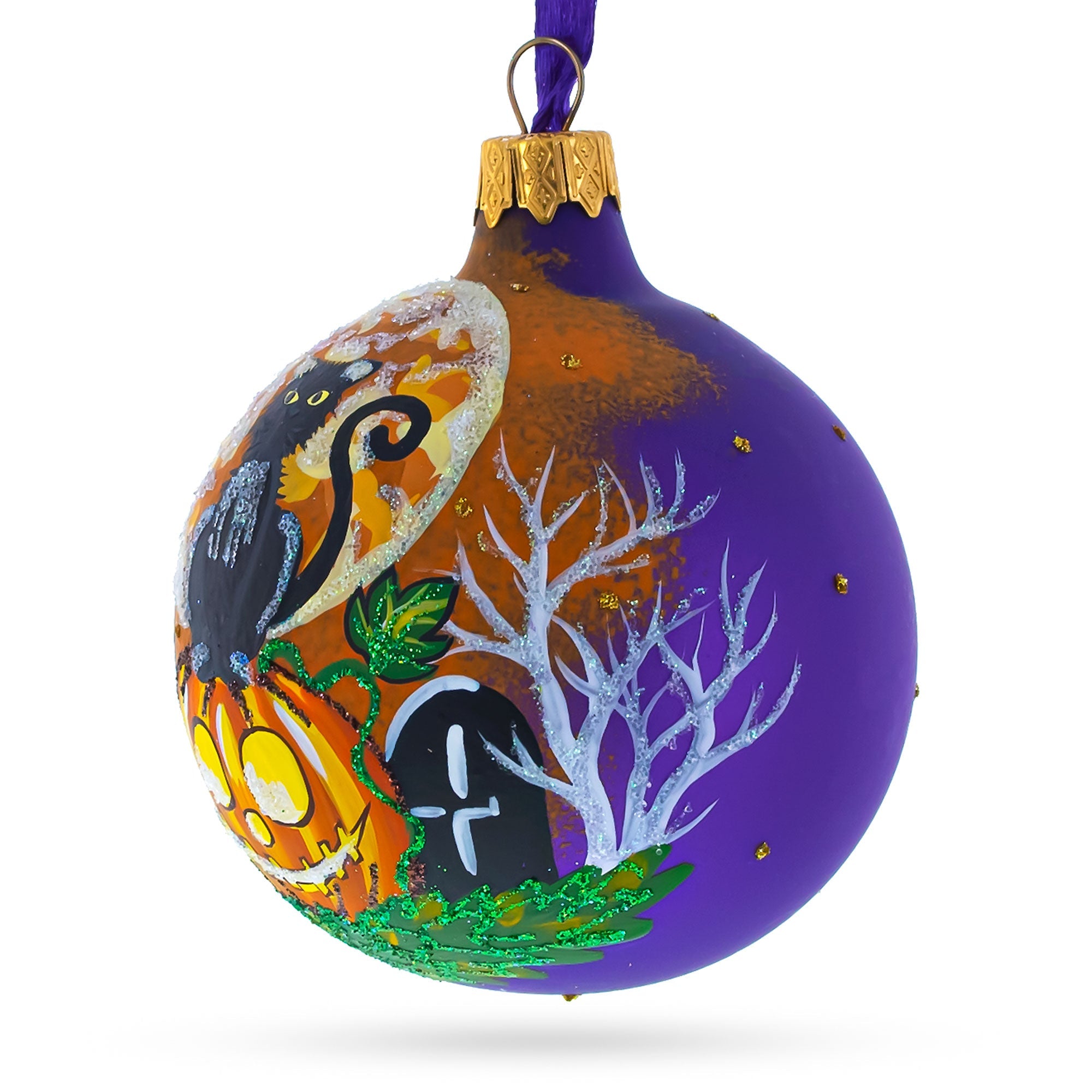 Full Moon with Black Cat and Jack-O’-Lantern Glass Ball Ornament 3.25 Inches