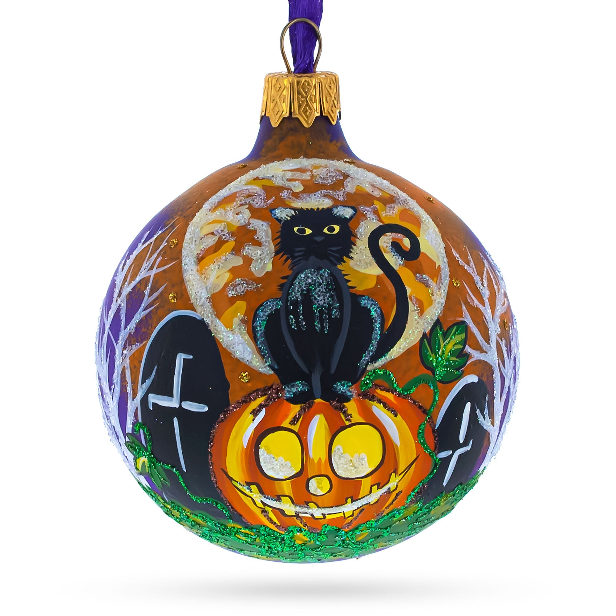 Full Moon with Black Cat and Jack-O’-Lantern Glass Ball Ornament 3.25 Inches