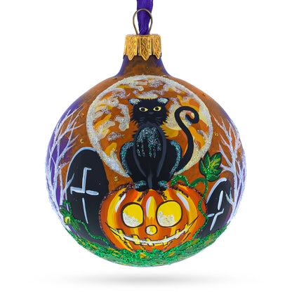 Full Moon with Black Cat and Jack-O’-Lantern Glass Ball Ornament 3.25 Inches