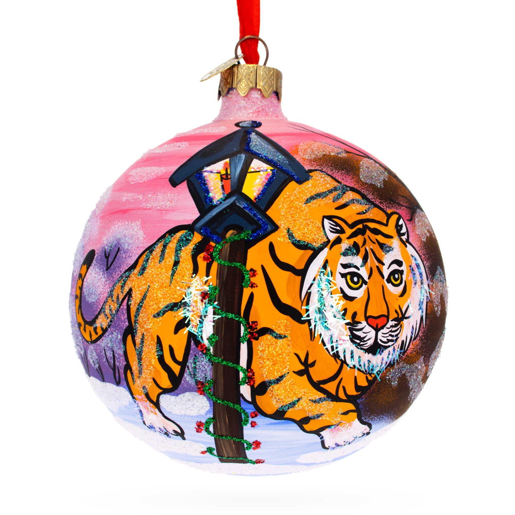 Tiger in the Snow Glass Ball Christmas Ornament 4 Inches