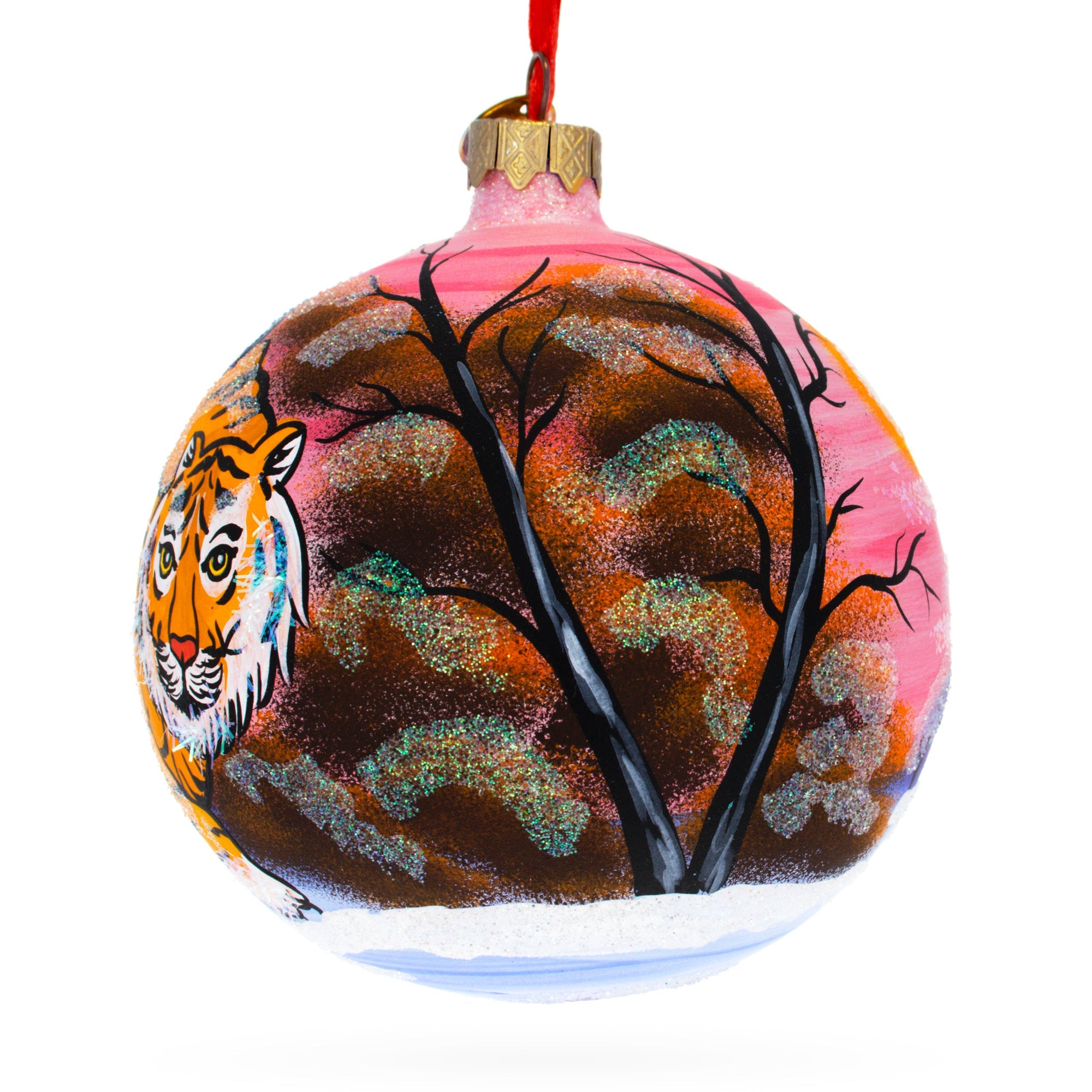 Tiger in the Snow Glass Ball Christmas Ornament 4 Inches