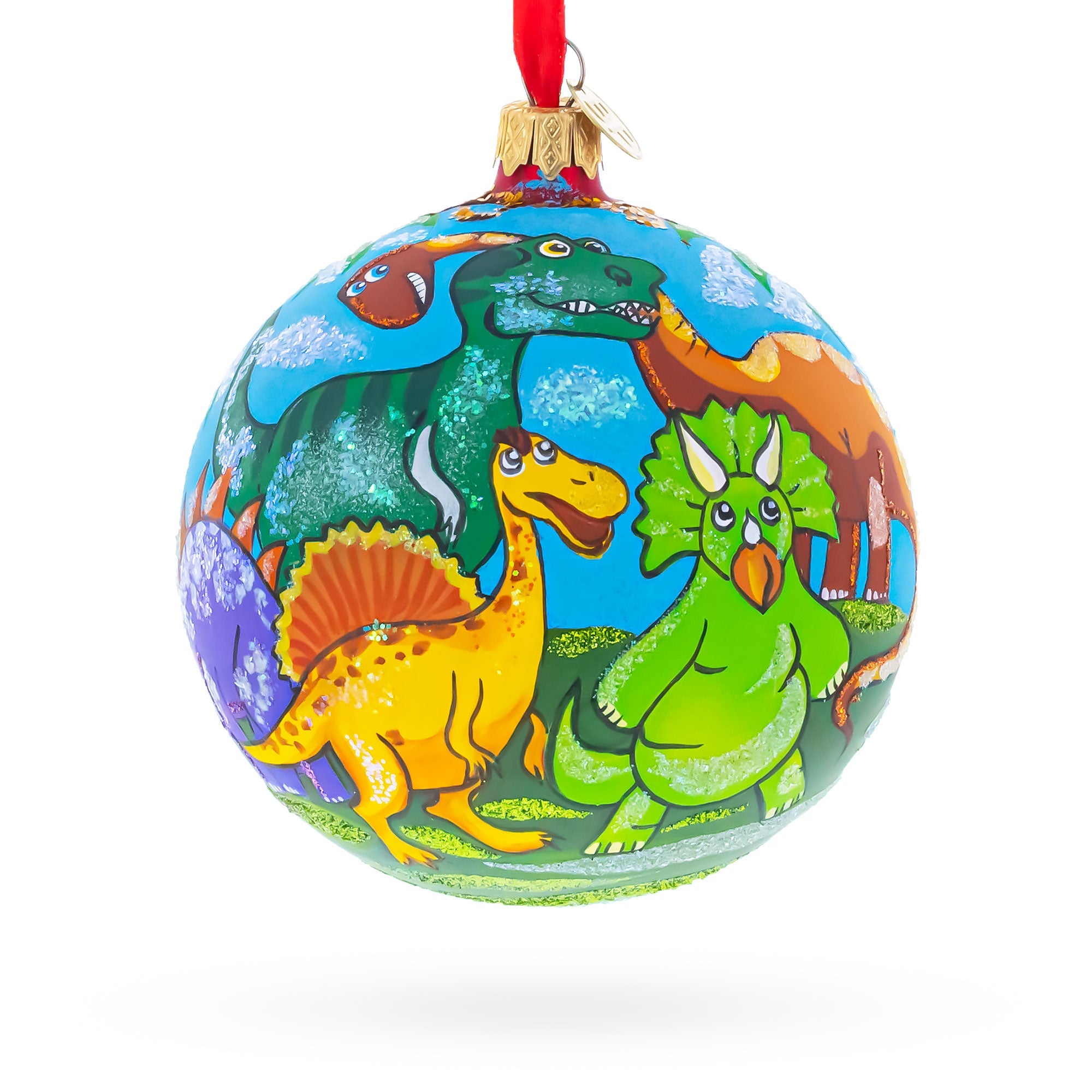 Dinosaurs in Jungles Glass Ball Christmas Ornament 4 Inches