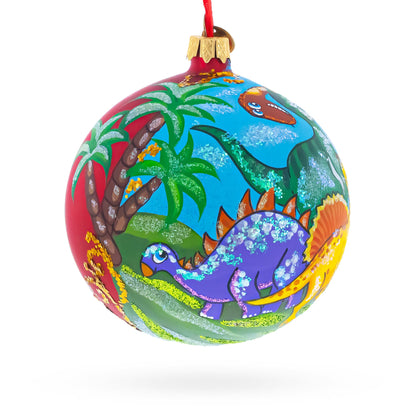 Dinosaurs in Jungles Glass Ball Christmas Ornament 4 Inches