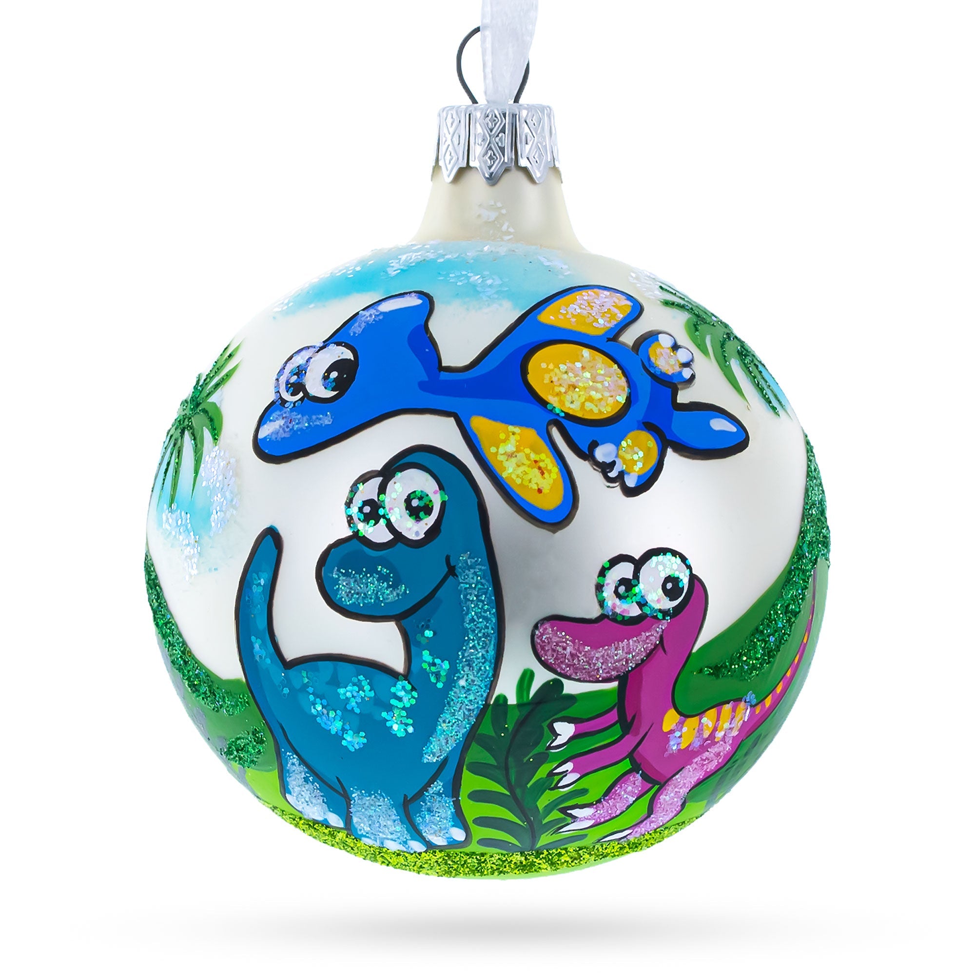 Baby Dinosaurs Glass Ball Christmas Ornament 3.25 Inches