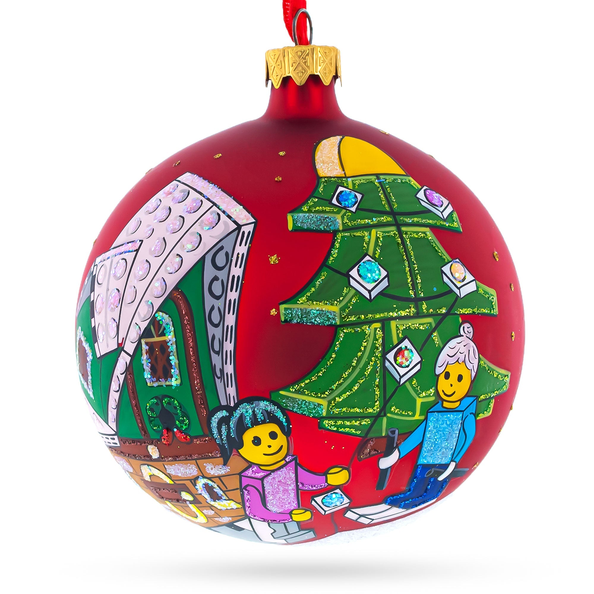 Building Blocks House Glass Ball Christmas Ornament 4 Inches