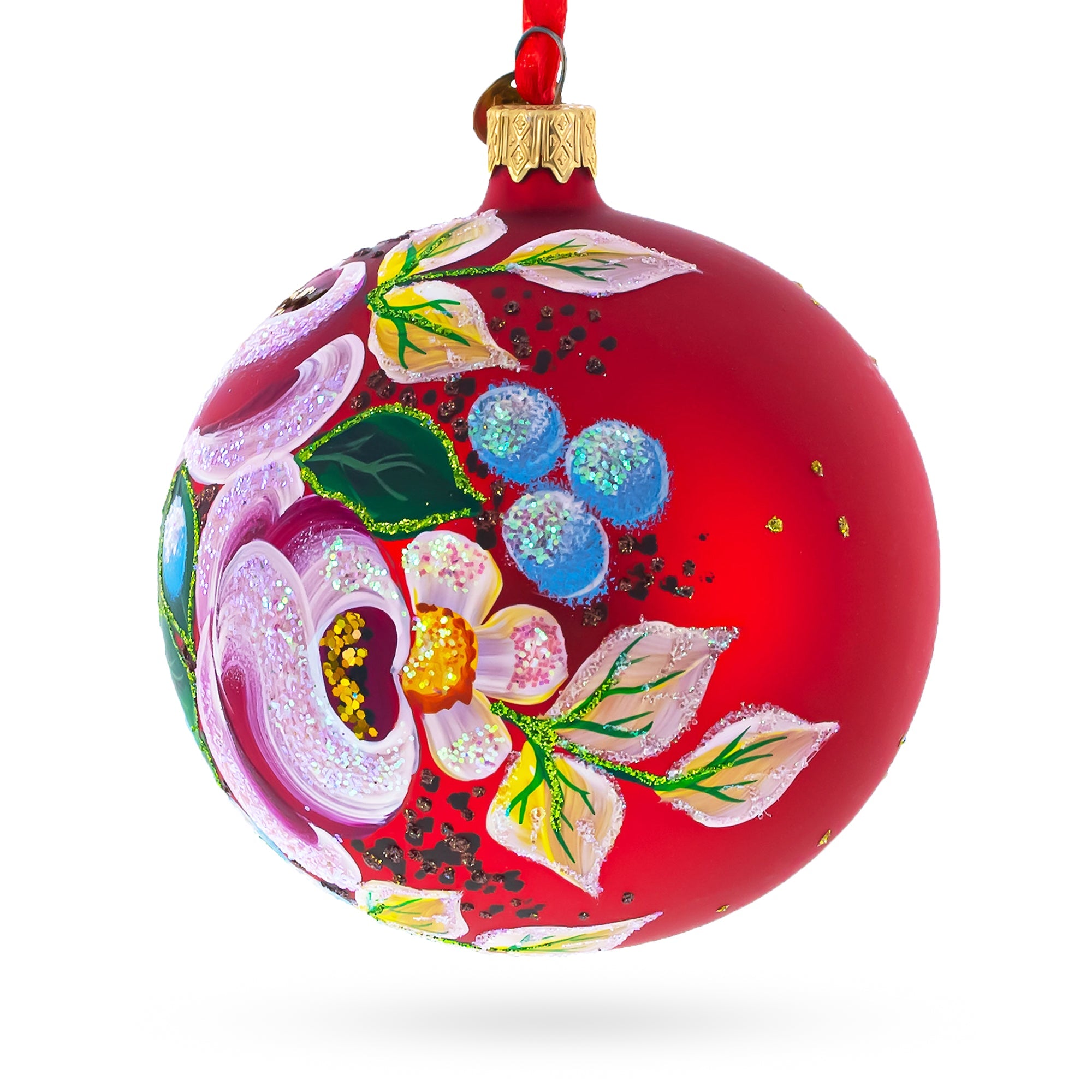 Roses Bouquet Glass Ball Christmas Ornament 4 Inches