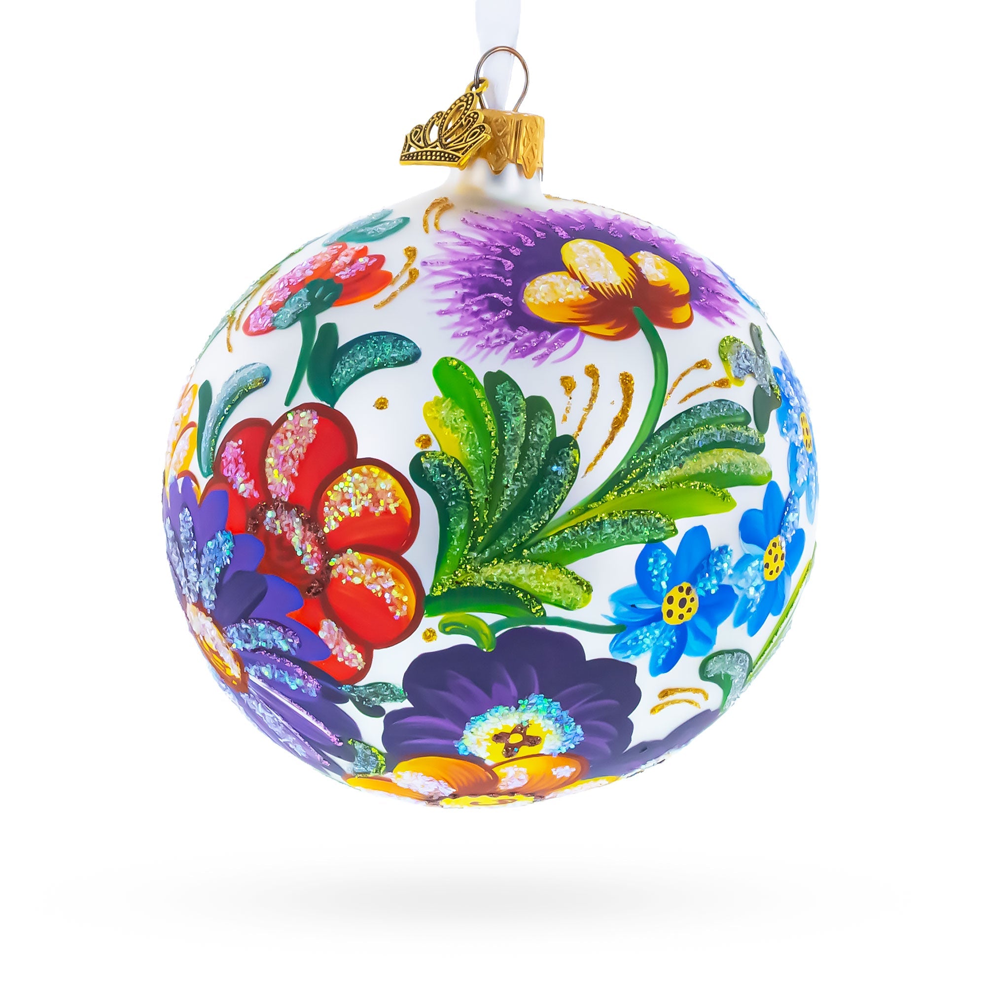 Ukrainian Petrykivka Floral Painting Glass Ball Christmas Ornament 4 Inches