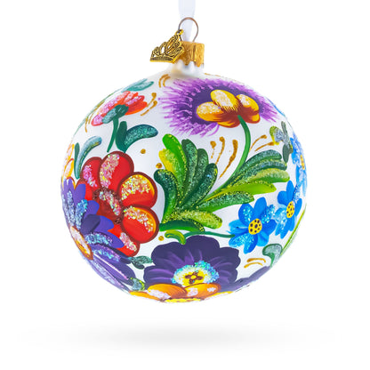 Ukrainian Petrykivka Floral Painting Glass Ball Christmas Ornament 4 Inches