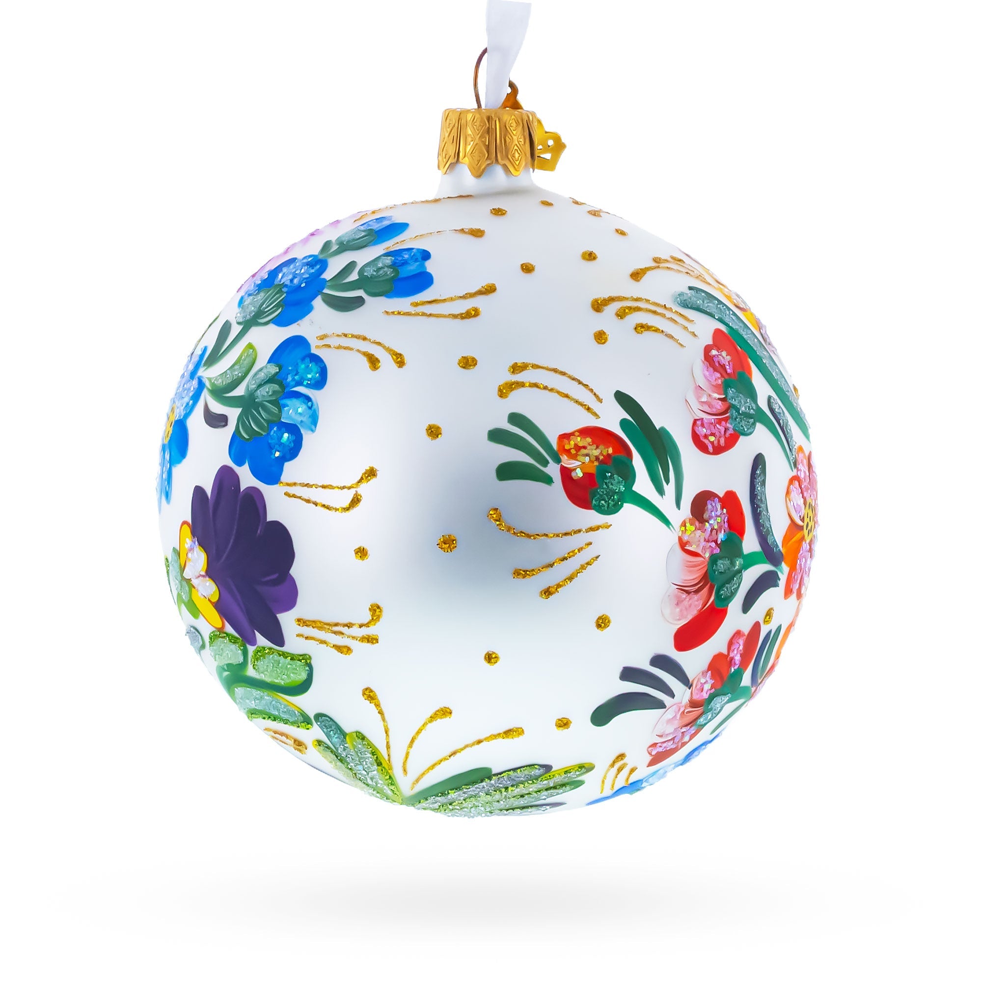 Ukrainian Petrykivka Floral Painting Glass Ball Christmas Ornament 4 Inches