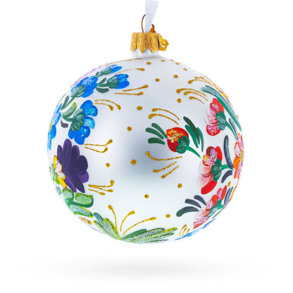 Ukrainian Petrykivka Floral Painting Glass Ball Christmas Ornament 4 Inches