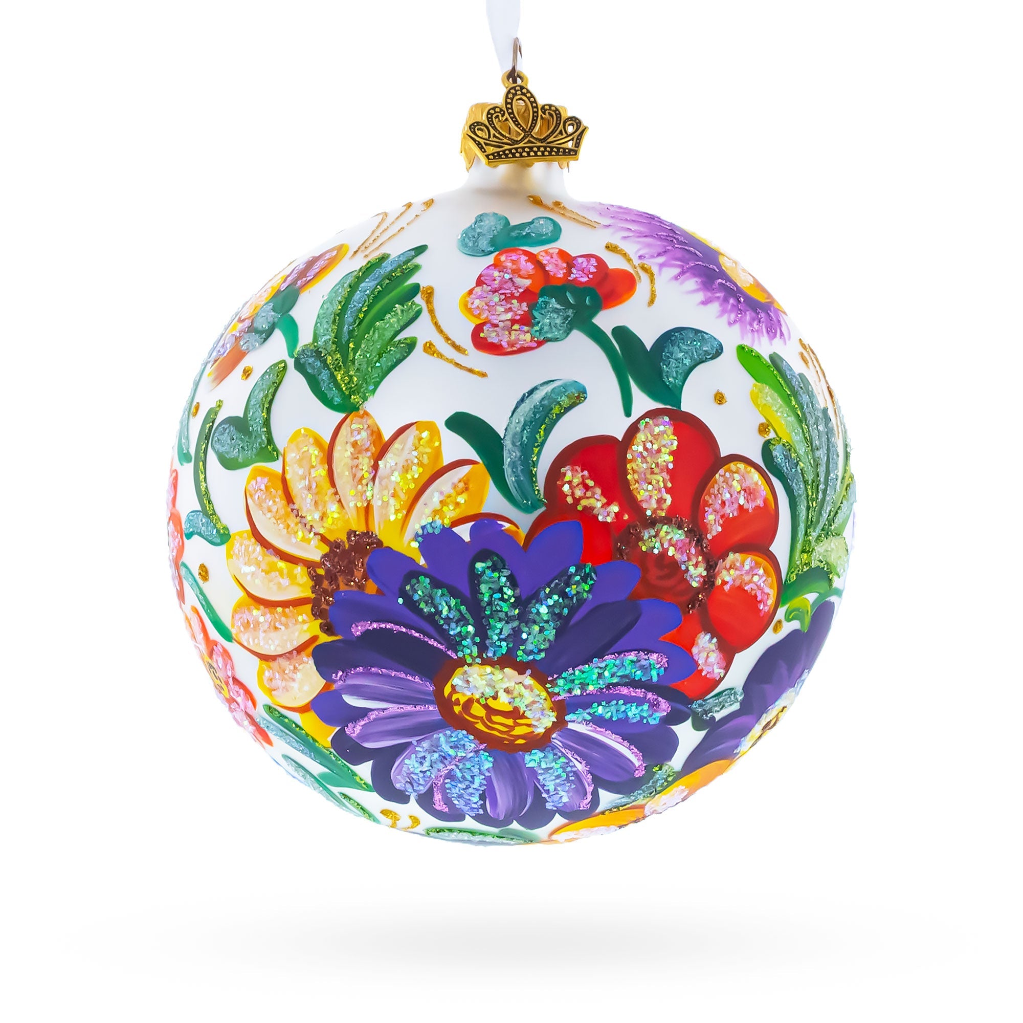 Ukrainian Petrykivka Floral Painting Glass Ball Christmas Ornament 4 Inches