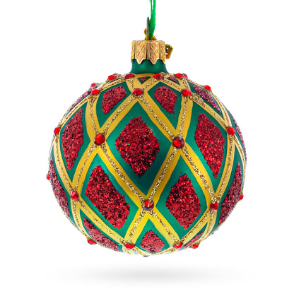 Glittered Red IKAT on Green Glass Ball Christmas Ornament 3.25 Inches