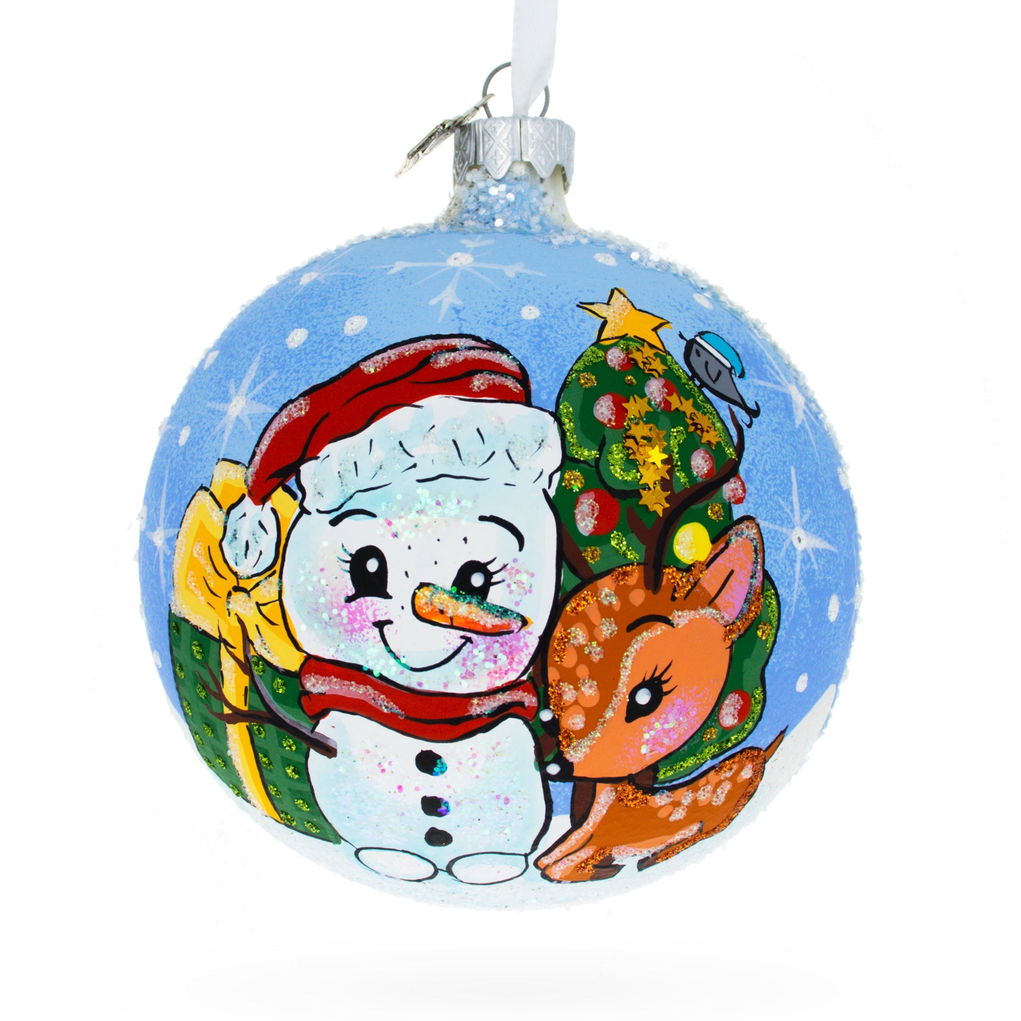 Snowman and Baby Deer First Christmas Glass Ball Christmas Ornament 4 Inches