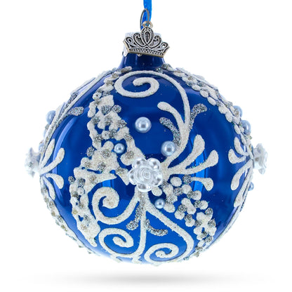 Snow Swirls on Blue Glass Ball Christmas Ornament 3.25 Inches BestPysanky