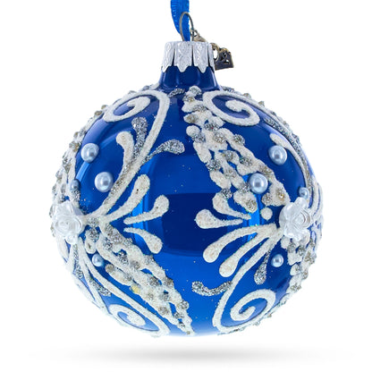 Snow Swirls on Blue Glass Ball Christmas Ornament 3.25 Inches BestPysanky