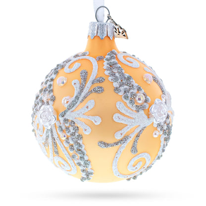 Snow Swirls on Ivory Glass Ball Christmas Ornament 3.25 Inches