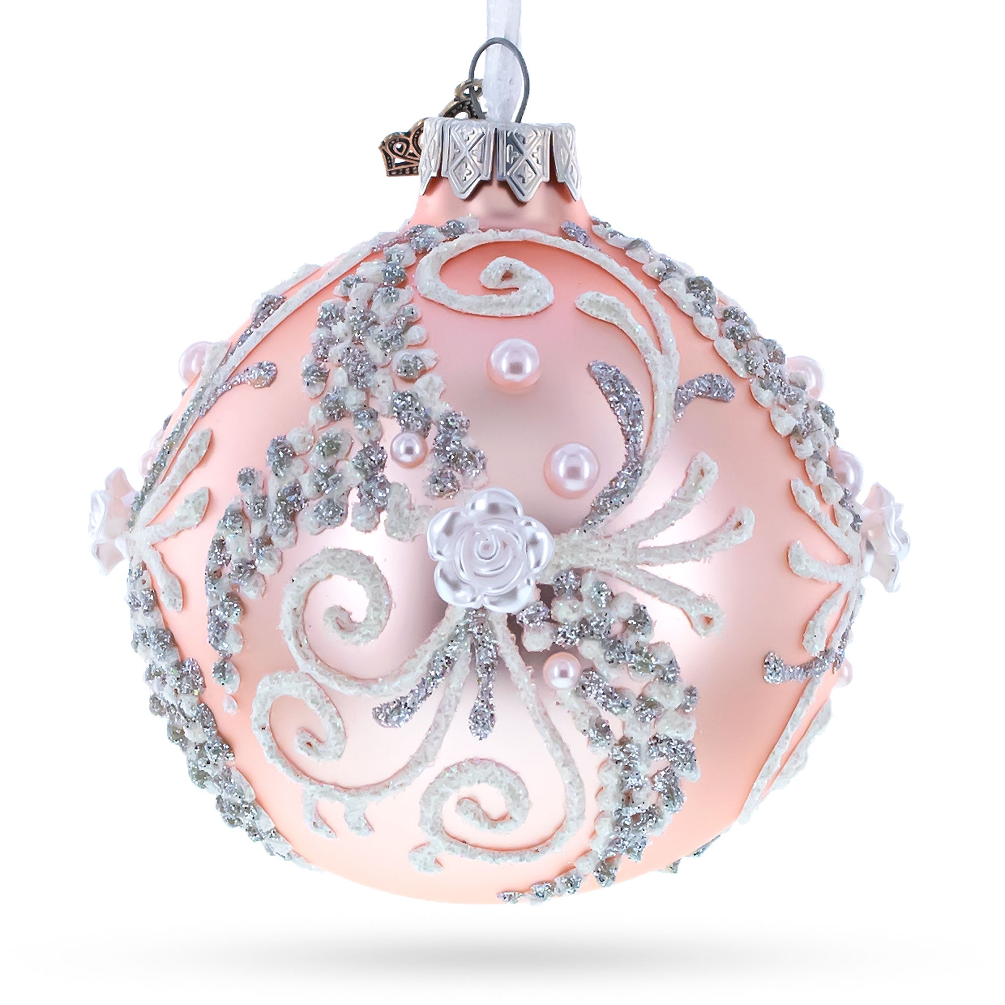Snow Swirls on Metallic Rose Pink Glass Ball Christmas Ornament 3.25 Inches