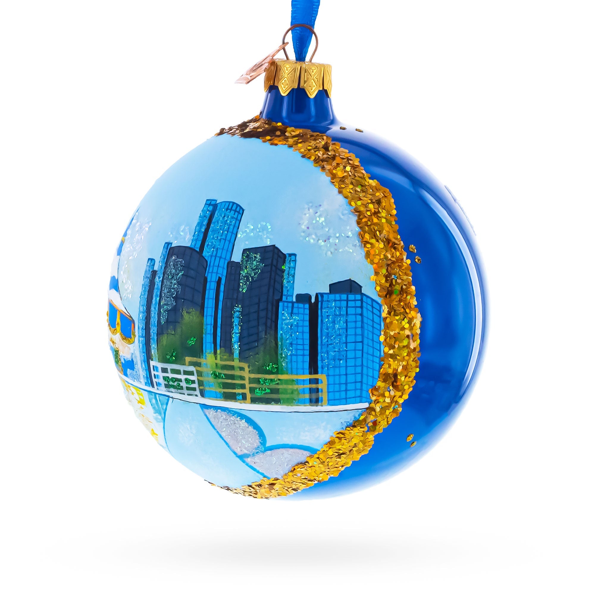 Detroit Riverfront, Detroit, Michigan, USA Glass Ball Christmas Ornament 4 Inches