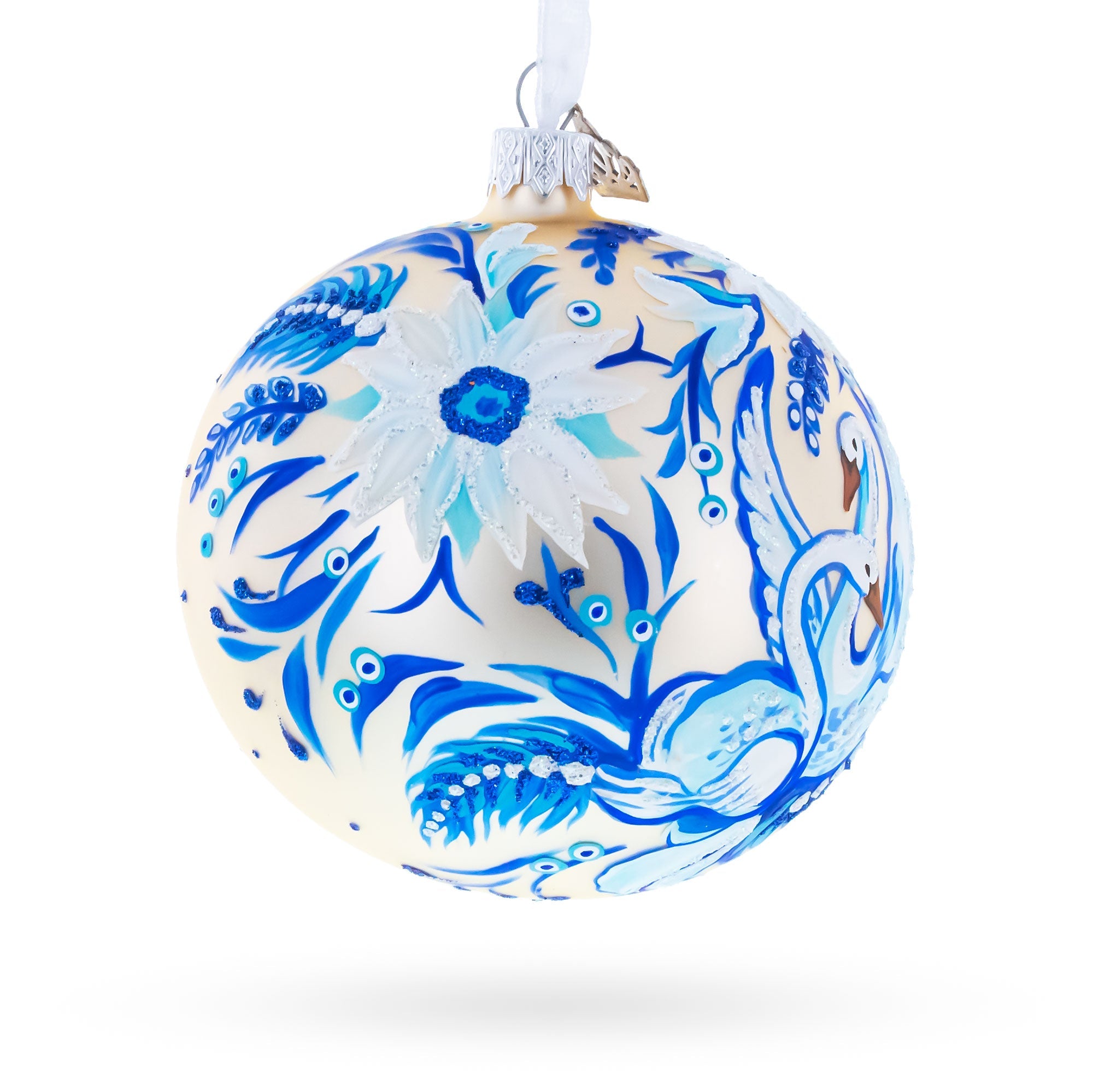 Swans in Daisies Garden Glass Ball Ornament
