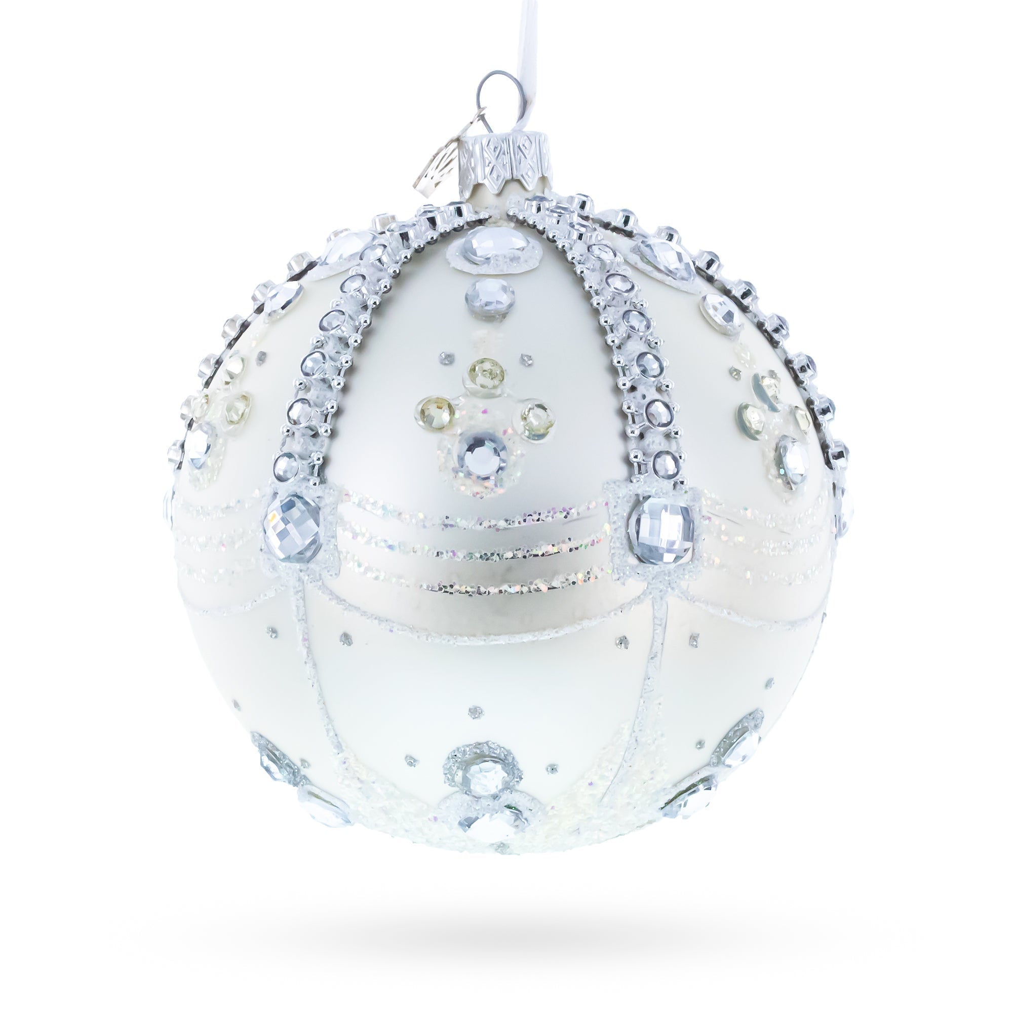 White Jewels on Silver Glass Ball Christmas Ornament 4 Inches