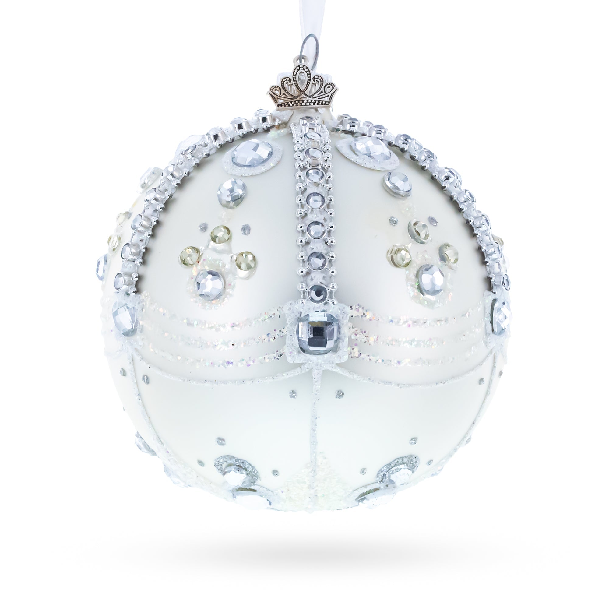 White Jewels on Silver Glass Ball Christmas Ornament 4 Inches
