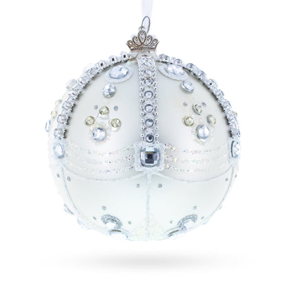 White Jewels on Silver Glass Ball Christmas Ornament 4 Inches