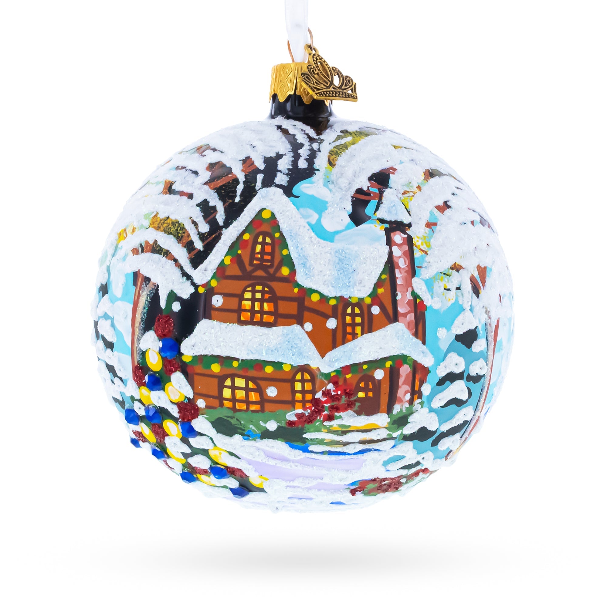 Snow Covered Winter Village Glass Ball Christmas Ornament 4 Inches