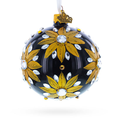 Golden Glitter Sunflower with Crystal Embellishments Glass Ball Christmas Ornament 3.25 Inches